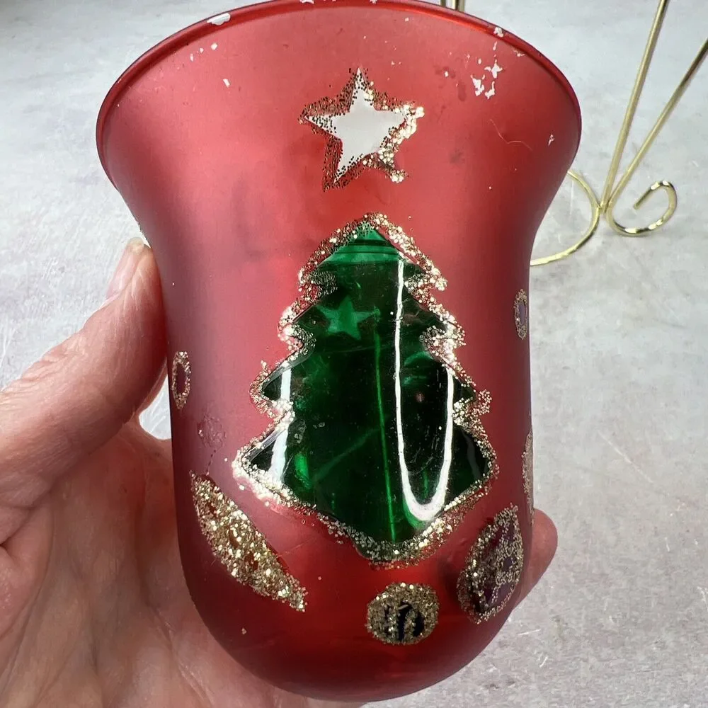 Vintage Hand painted Red Glass Candle Holder With‎ Metal Stand Chipped Paint